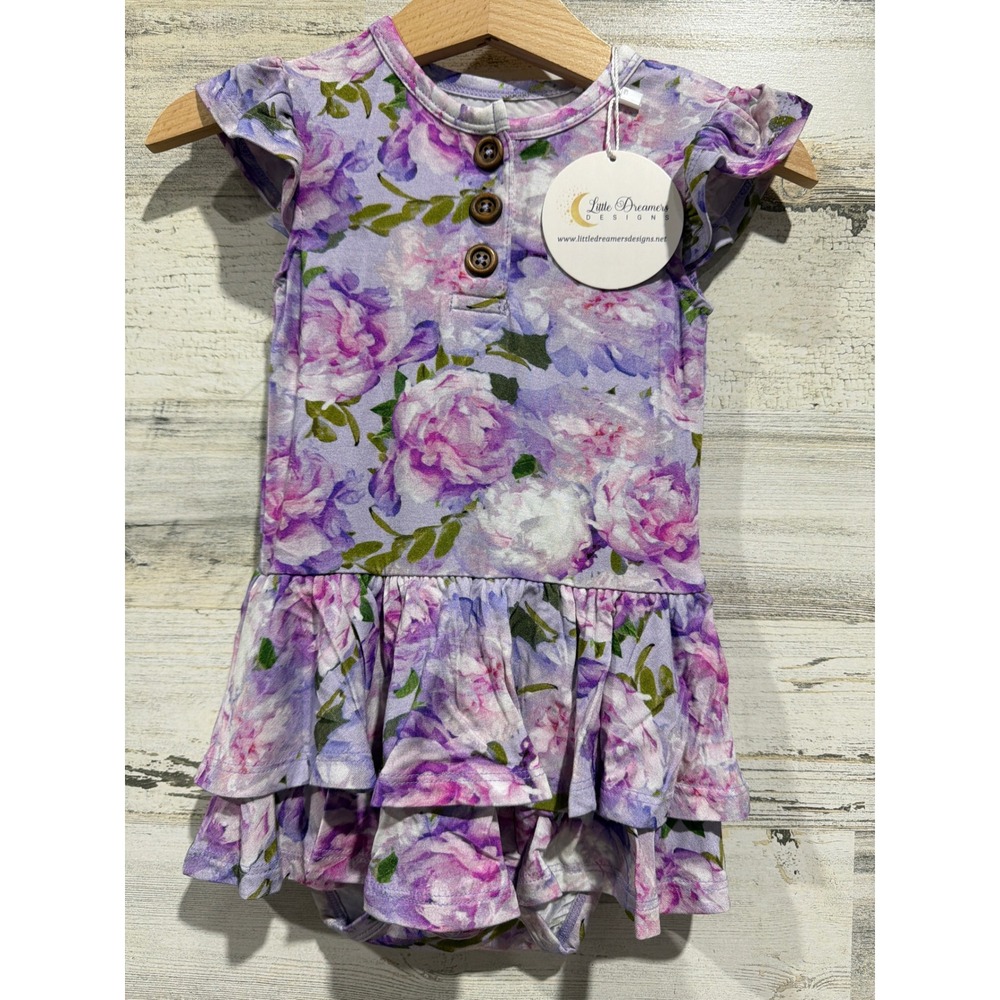 Little Dreamers Designs Twirl Romper Girls 18-24M Purple Floral Bamboo Boho NWT